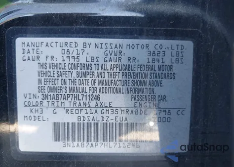 2017 Nissan Sentra Sv z USA, uszkodzony, nr VIN 3N1AB7AP7HL711246